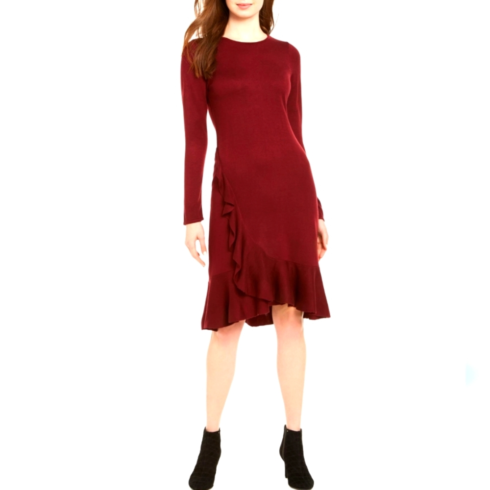 Calvin Klein Ruffle Hem,Scoop Neck Merlot  Sweater Dress Long Sleeve Size Large